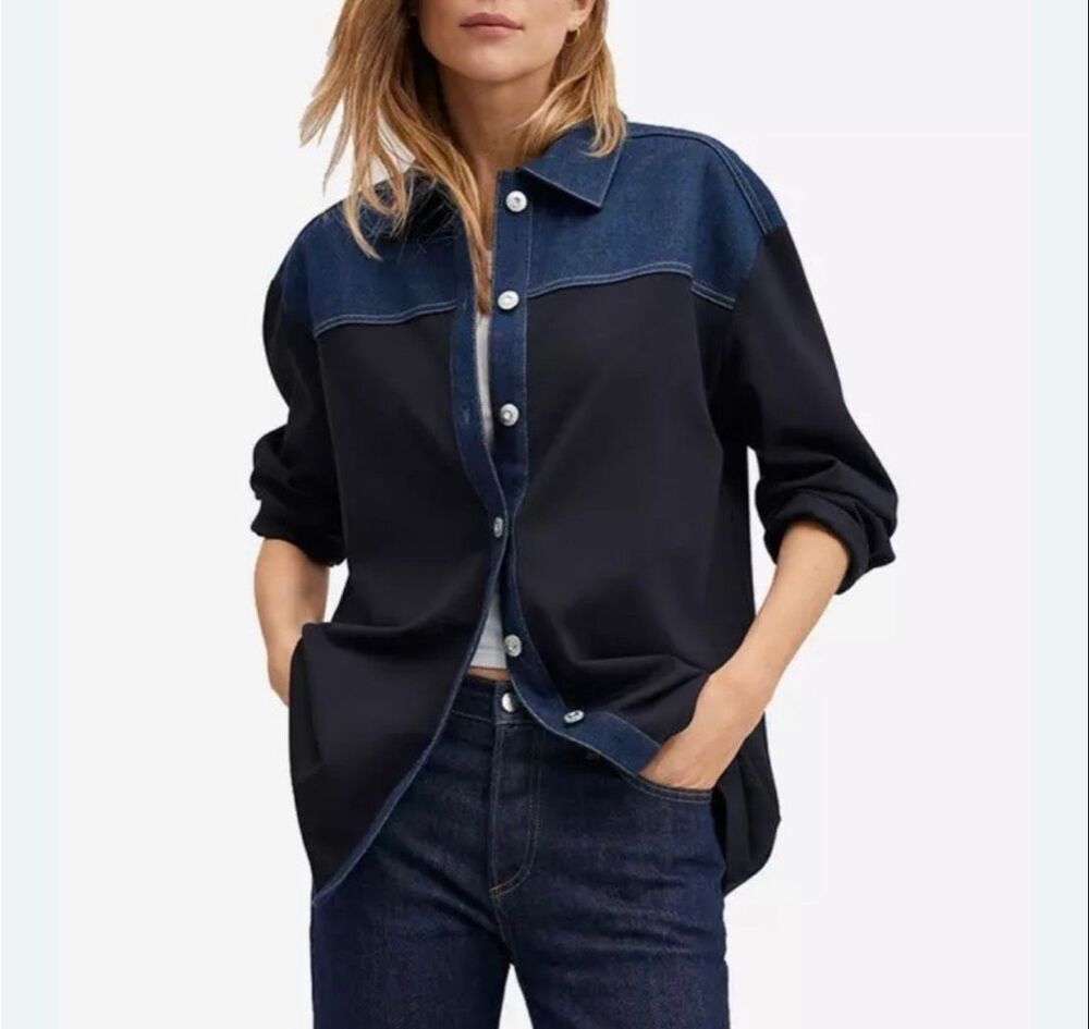 Mango Women's Two-tone Combined Contrast Denim Overshirt Black Blue XL NWT